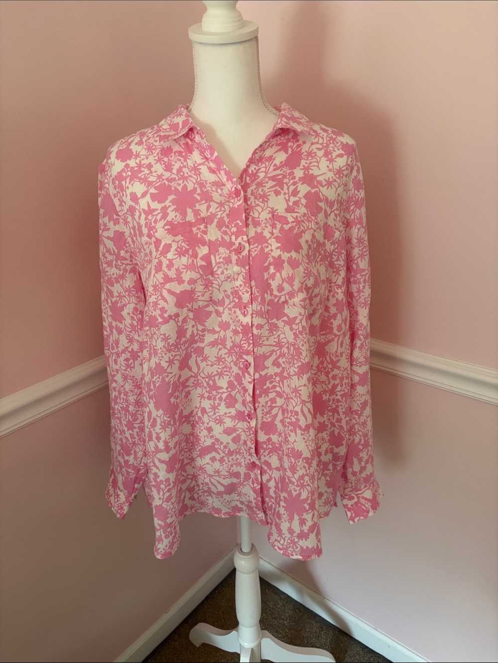 Charter Club Luxury Pink and White Floral Linen Button-Down Blouse